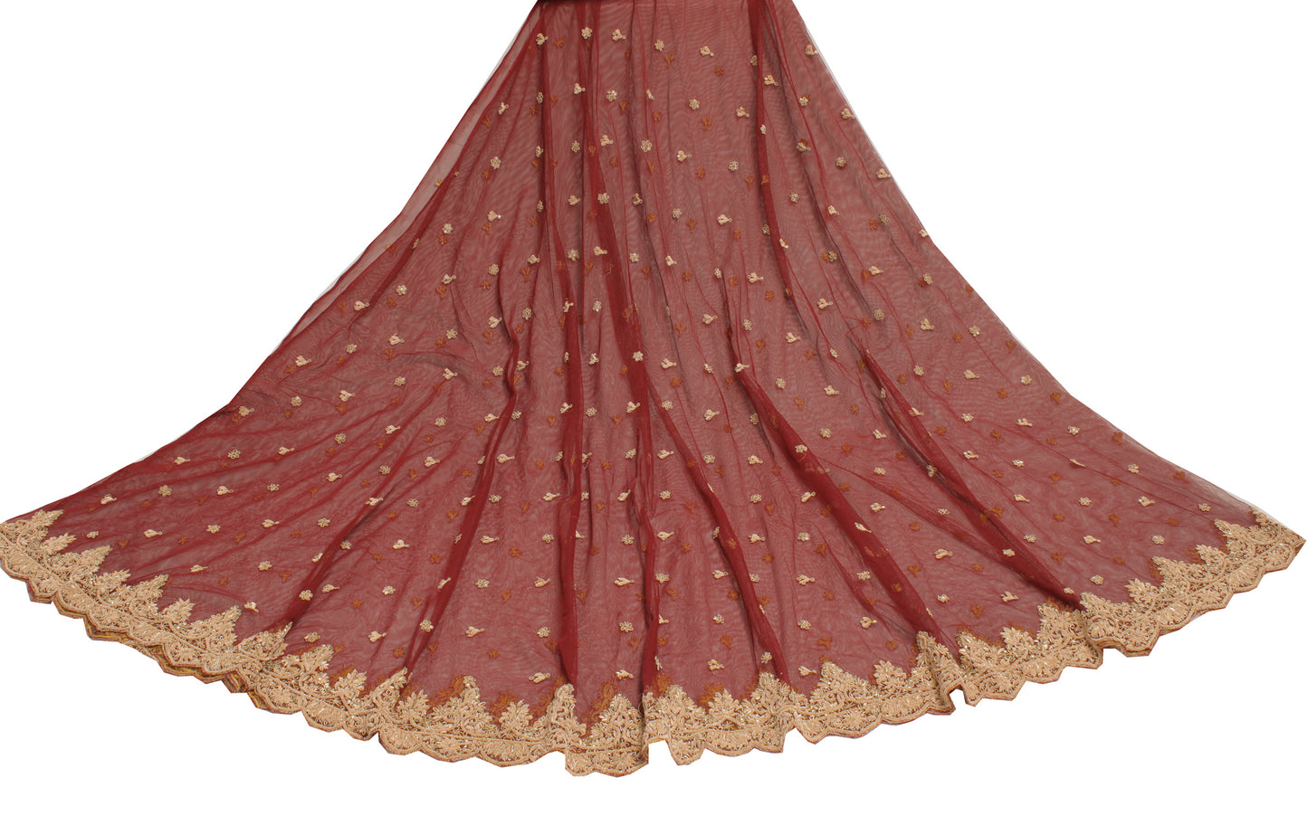 Sushila Vintage Maroon Long Skirt Net Mesh Hand Beaded Unstitched Craft Lehenga