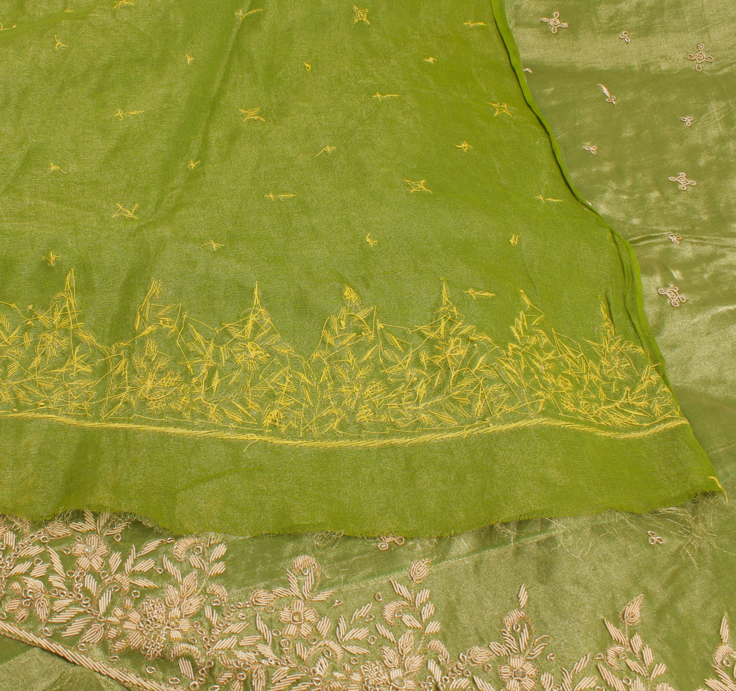 Sushila Vintage Green Long Skirt Pure Tissue Silk Hand Beaded Unstitched Lehenga