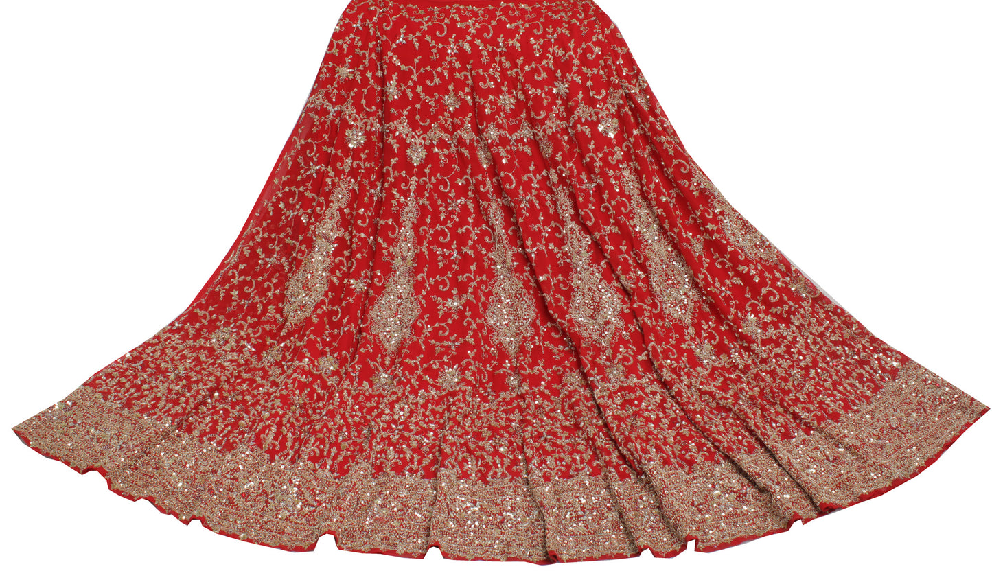 Sushila Vintage Red Long Skirt Blend Georgette Hand Beaded Semi Stitched Lehenga