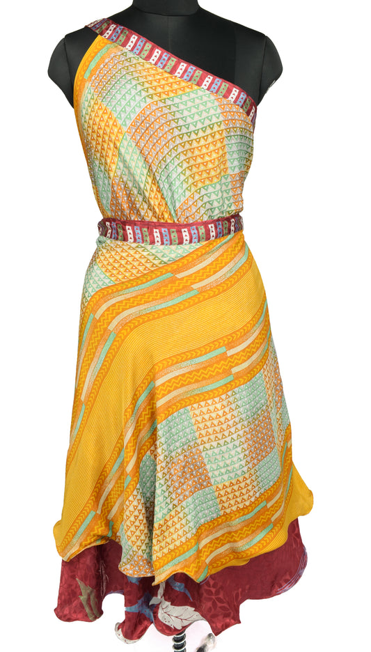 Sushila Vintage Silk Saree Magic Wrap Reversible Skirt Beach Dress Boho Mustard