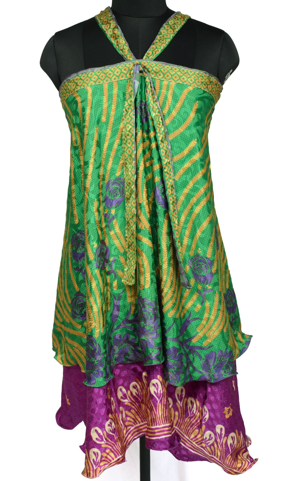 Sushila Vintage Silk Saree Magic Wrap Reversible Skirt Beach Dress Green &Purple