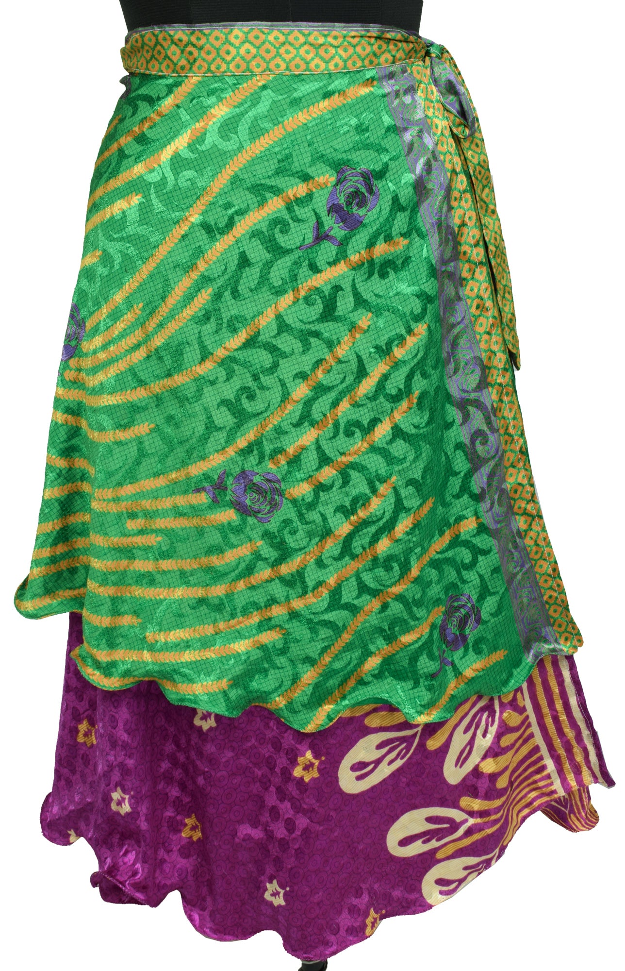 Sushila Vintage Silk Saree Magic Wrap Reversible Skirt Beach Dress Green &Purple