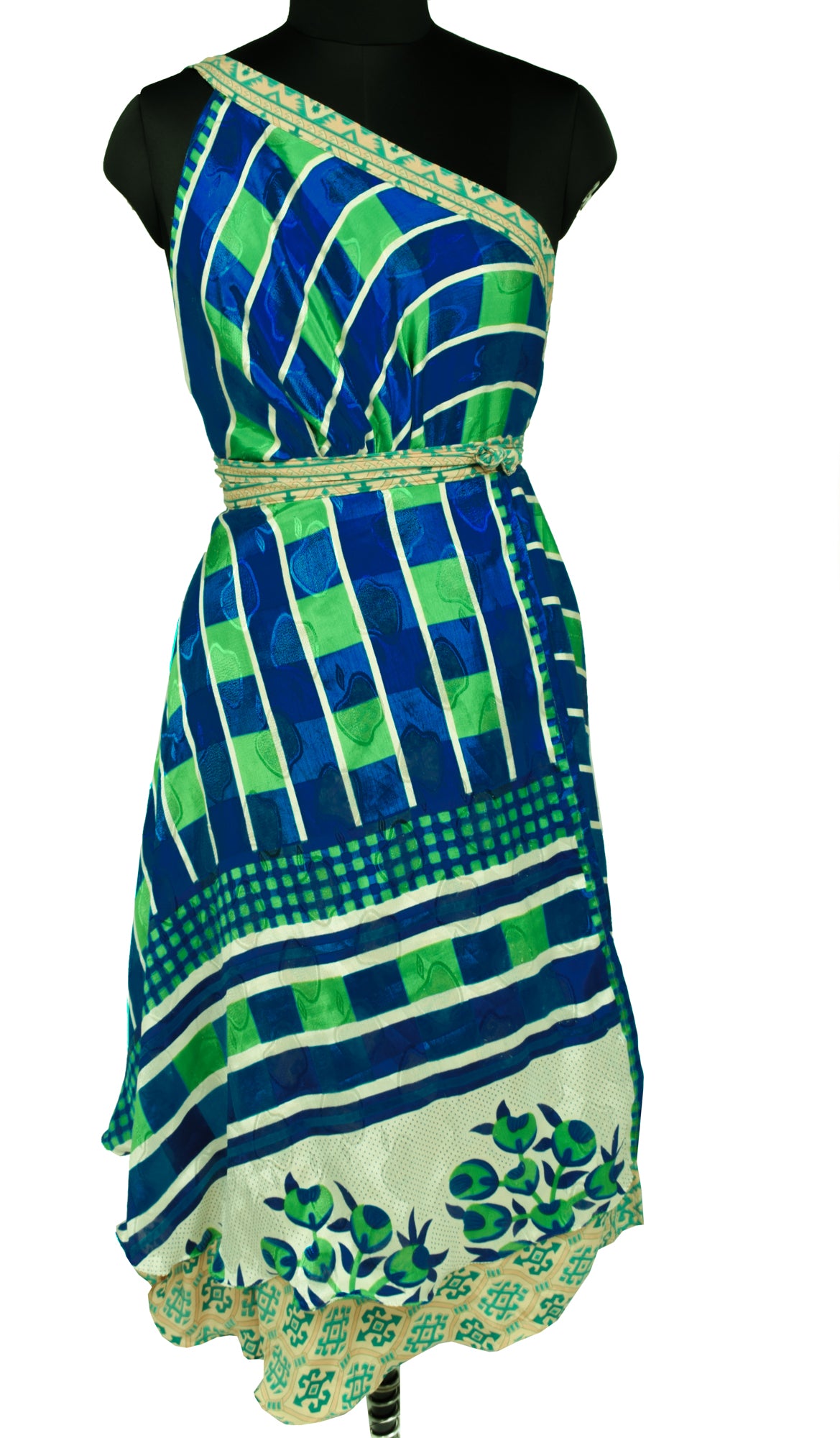 Sushila Vintage Silk Saree Magic Wrap Reversible Skirt Beach Dress Green & Blue