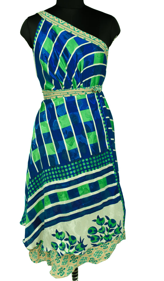 Sushila Vintage Silk Saree Magic Wrap Reversible Skirt Beach Dress Green & Blue