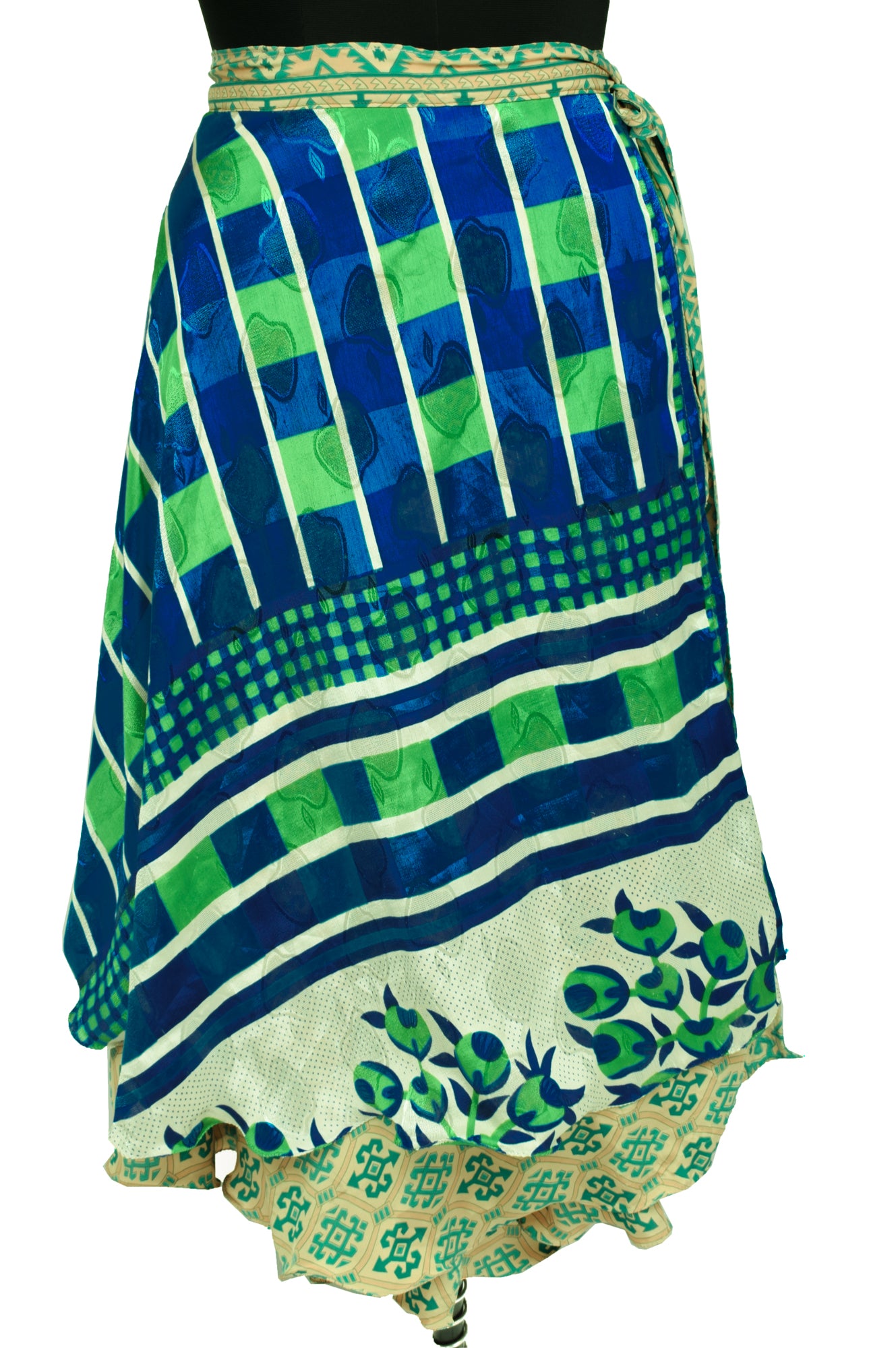 Sushila Vintage Silk Saree Magic Wrap Reversible Skirt Beach Dress Green & Blue