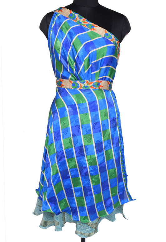 Sushila Vintage Silk Saree Magic Wrap Reversible Skirt Beach Dress Hippie Blue