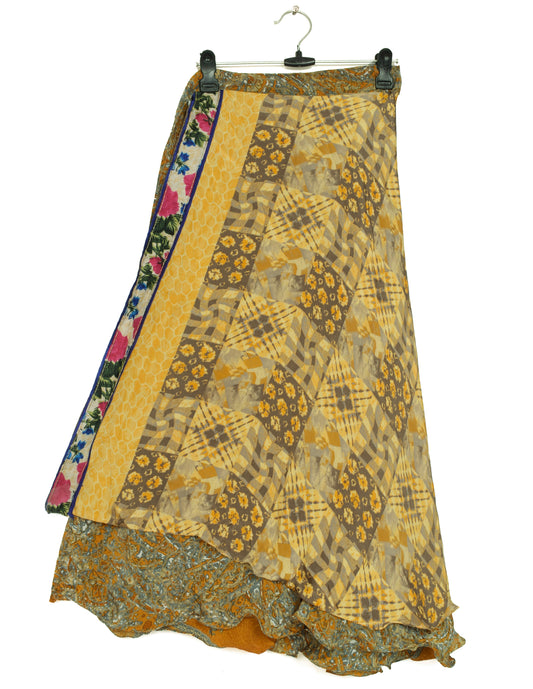 Sushila Vintage Vintage Sari Magic wrap Skirt Bohemian Double Layer Mustard