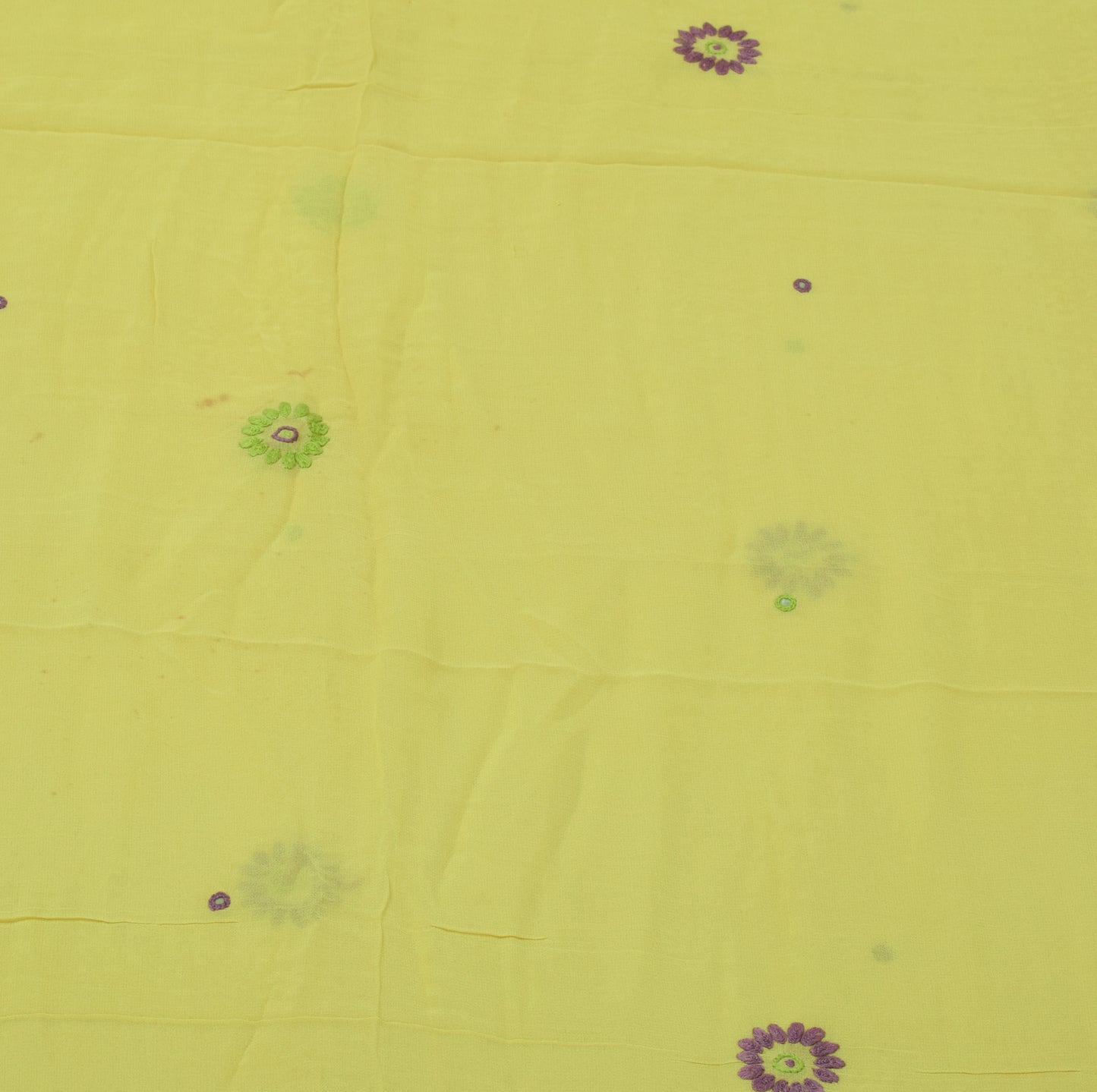 Sushila Vintage Yellow Remnant Scrap Pure Georgette Embroidered Craft Fabric