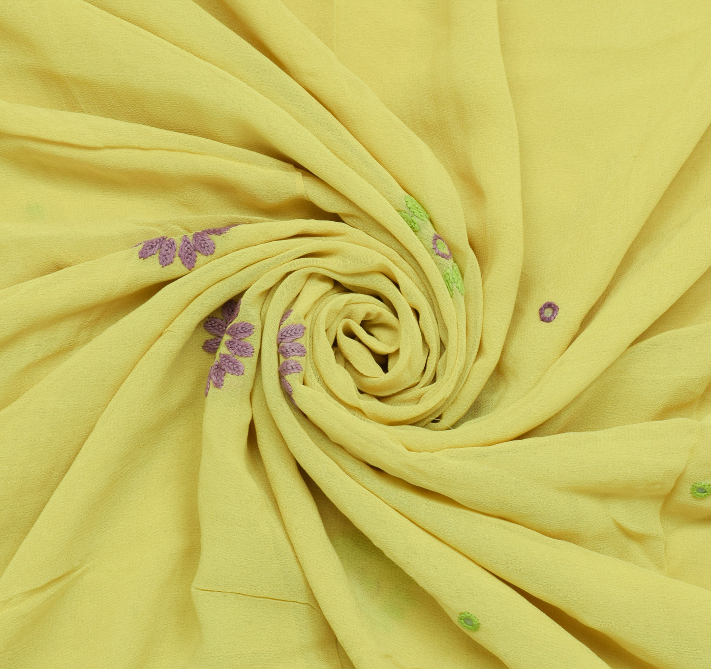 Sushila Vintage Yellow Remnant Scrap Pure Georgette Embroidered Craft Fabric