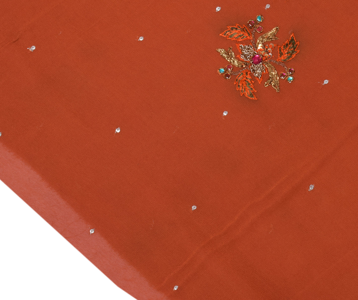 Sushila Vintage Rust Sari Remnant Scrap Pure Georgette Hand Beaded Craft Fabric