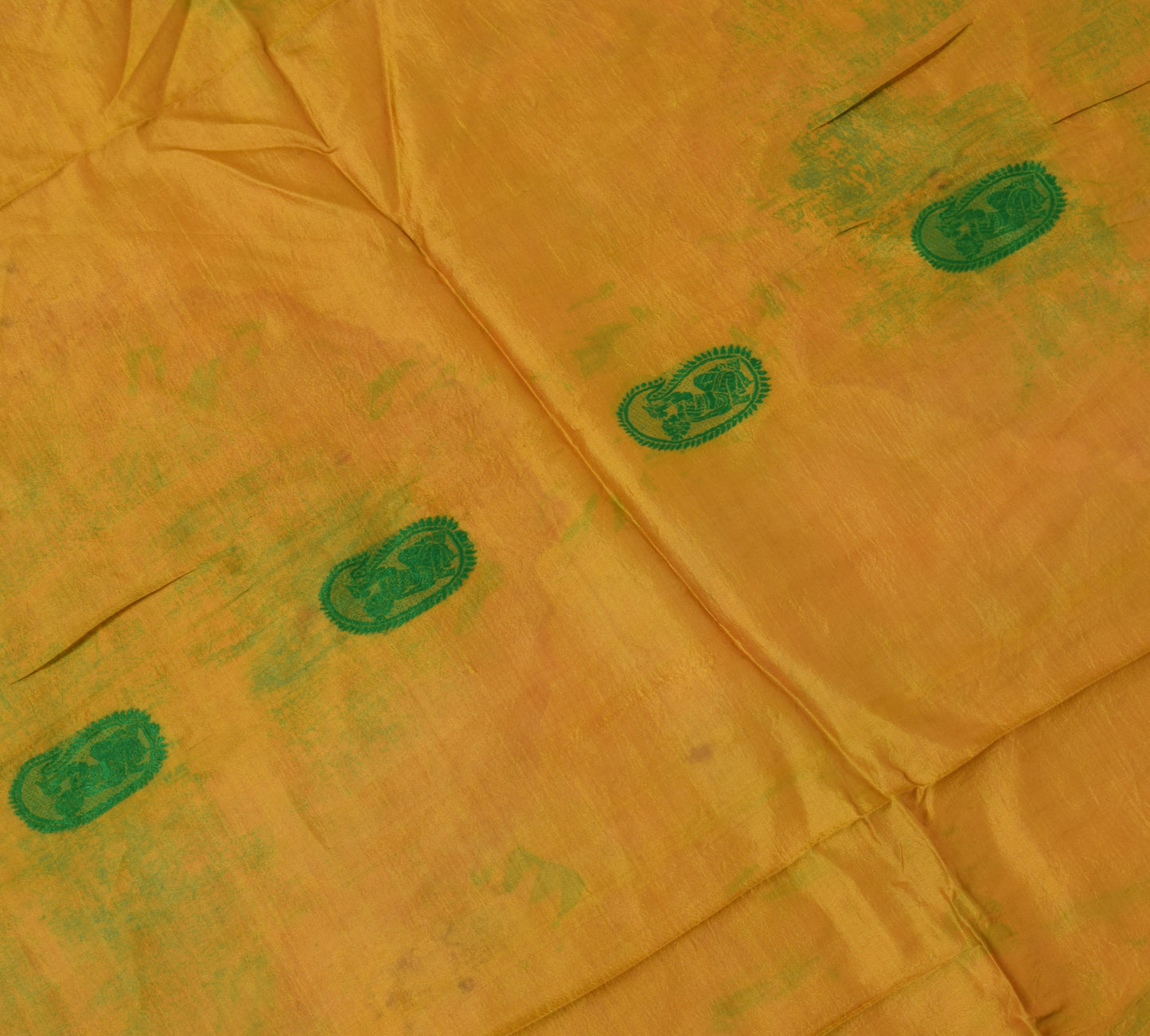 Sushila Vintage Green Sari Remnant Scrap Pure Silk Baluchari Woven Craft Fabric