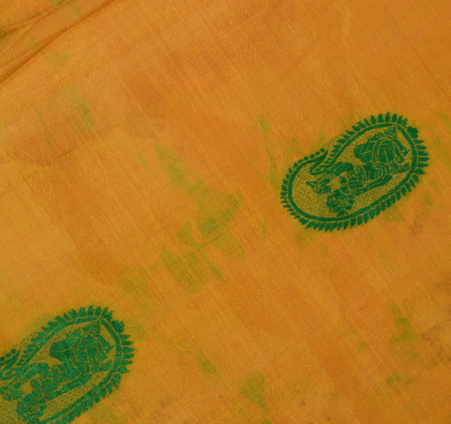 Sushila Vintage Green Sari Remnant Scrap Pure Silk Baluchari Woven Craft Fabric