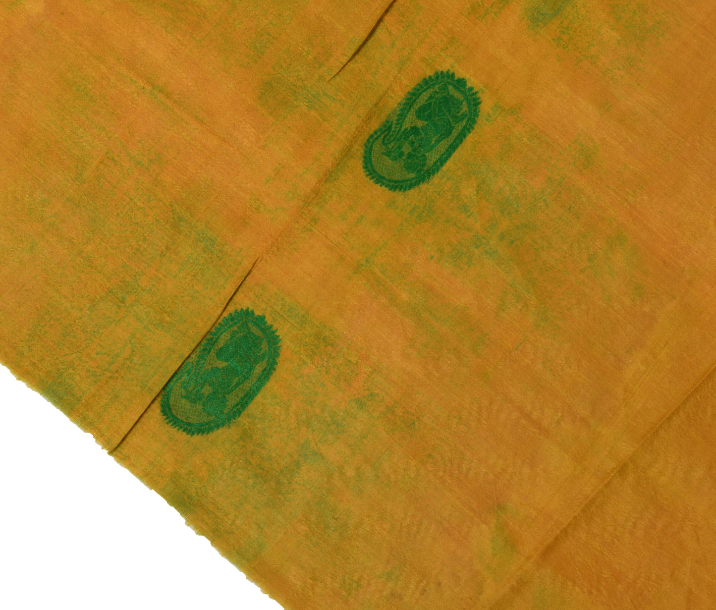 Sushila Vintage Green Sari Remnant Scrap Pure Silk Baluchari Woven Craft Fabric