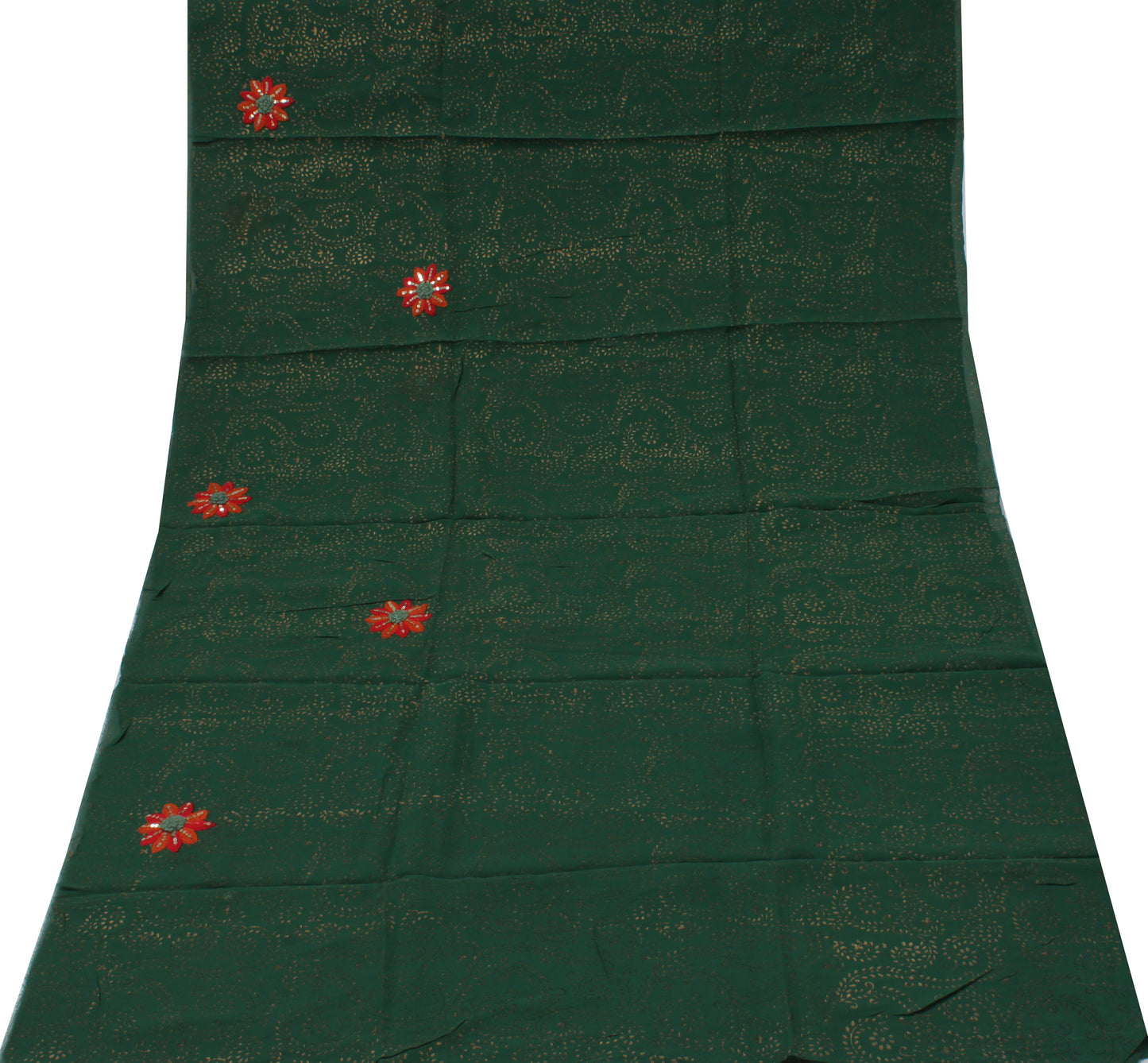 Sushila Vintage Green Sari Remnant Scrap Pure Georgette Printed Craft Fabric