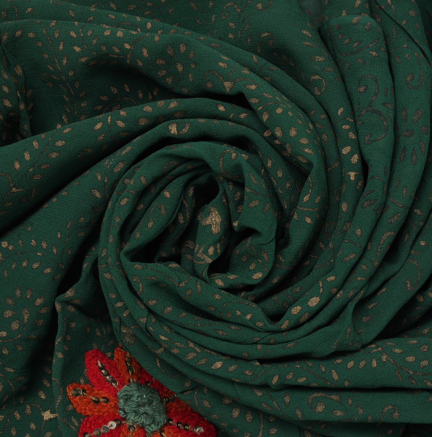 Sushila Vintage Green Sari Remnant Scrap Pure Georgette Printed Craft Fabric