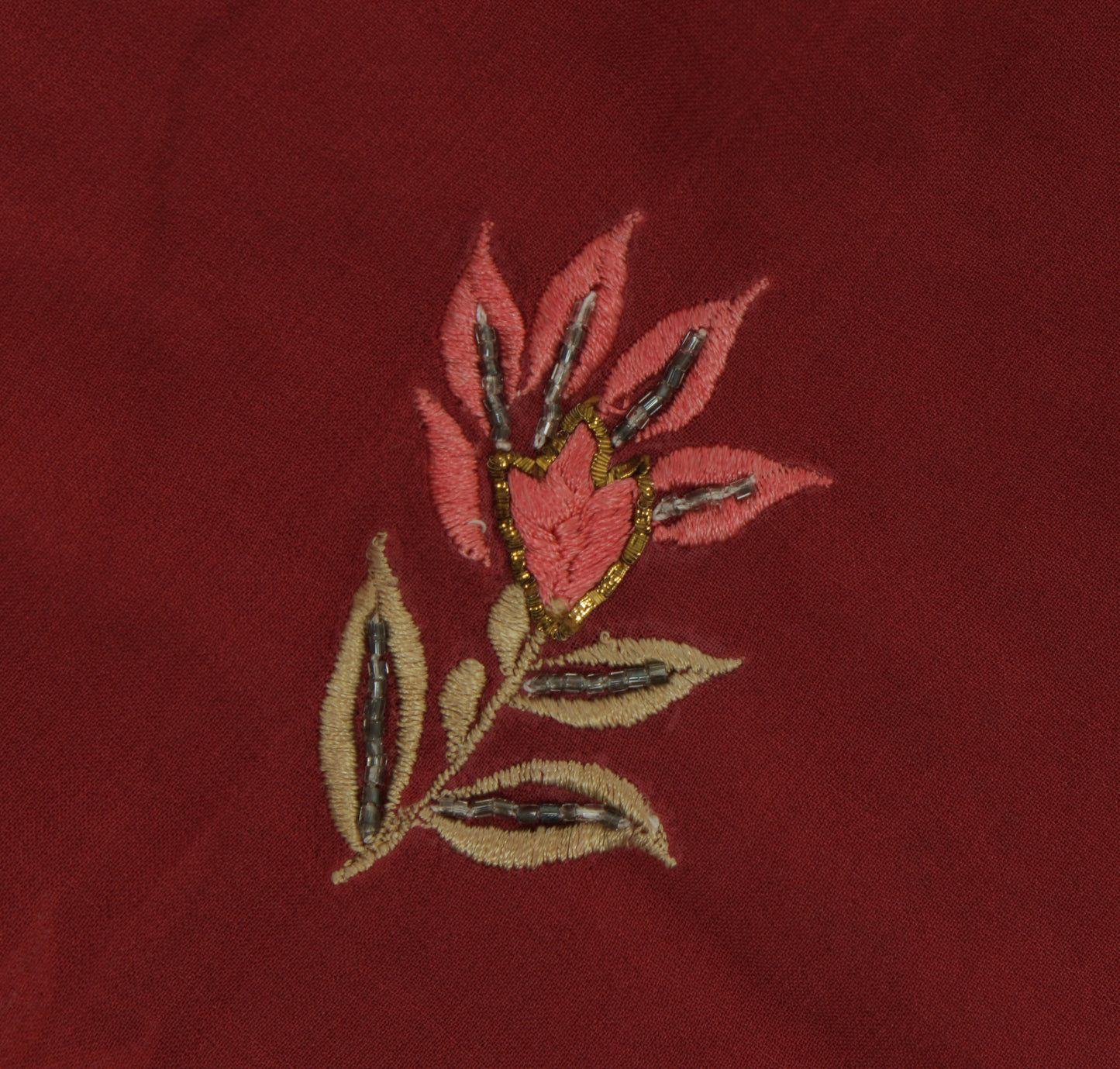 Sushila Vintage Maroon Sari Remnant Scrap Pure Georgette Embroidered Fabric