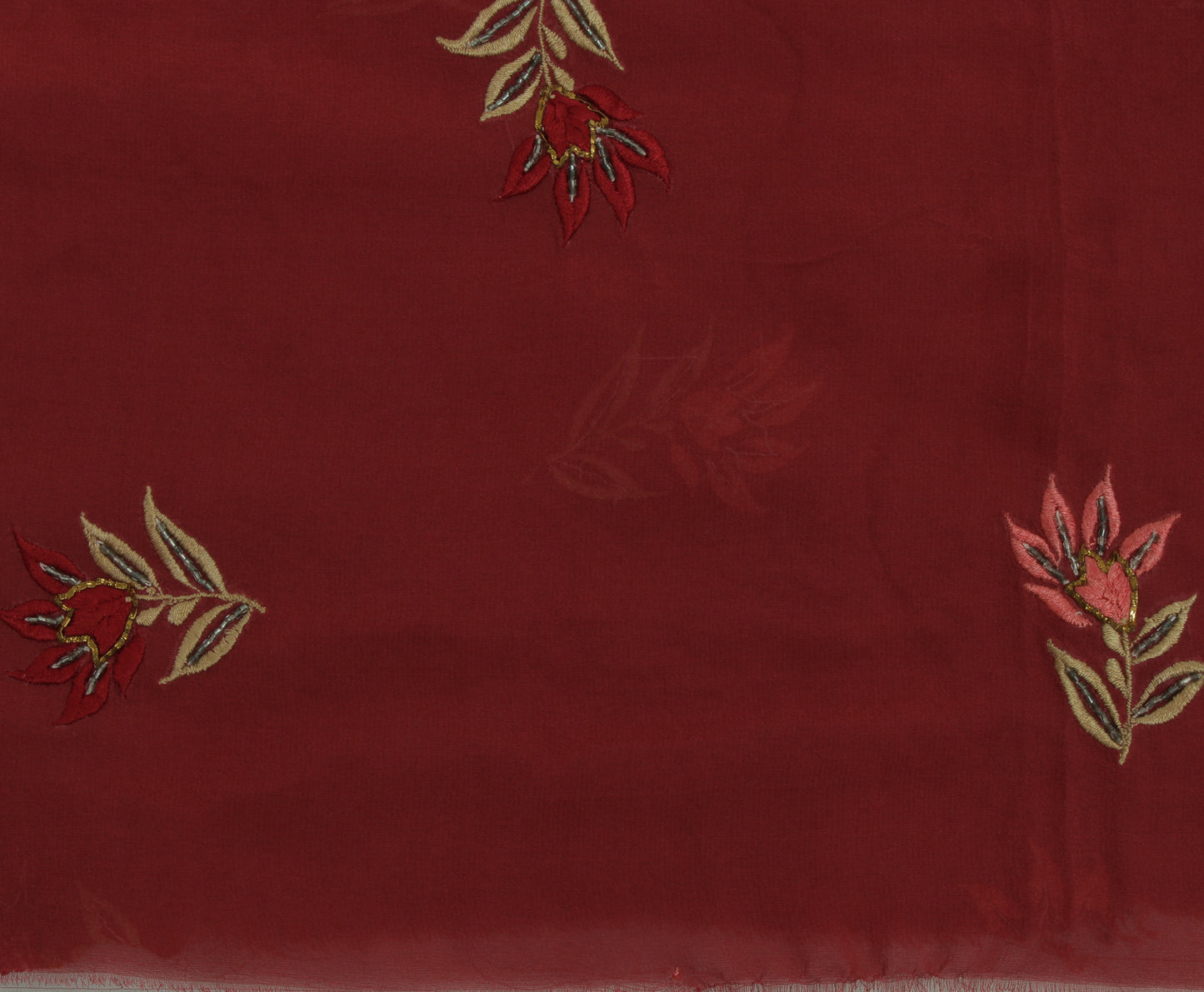 Sushila Vintage Maroon Sari Remnant Scrap Pure Georgette Embroidered Fabric