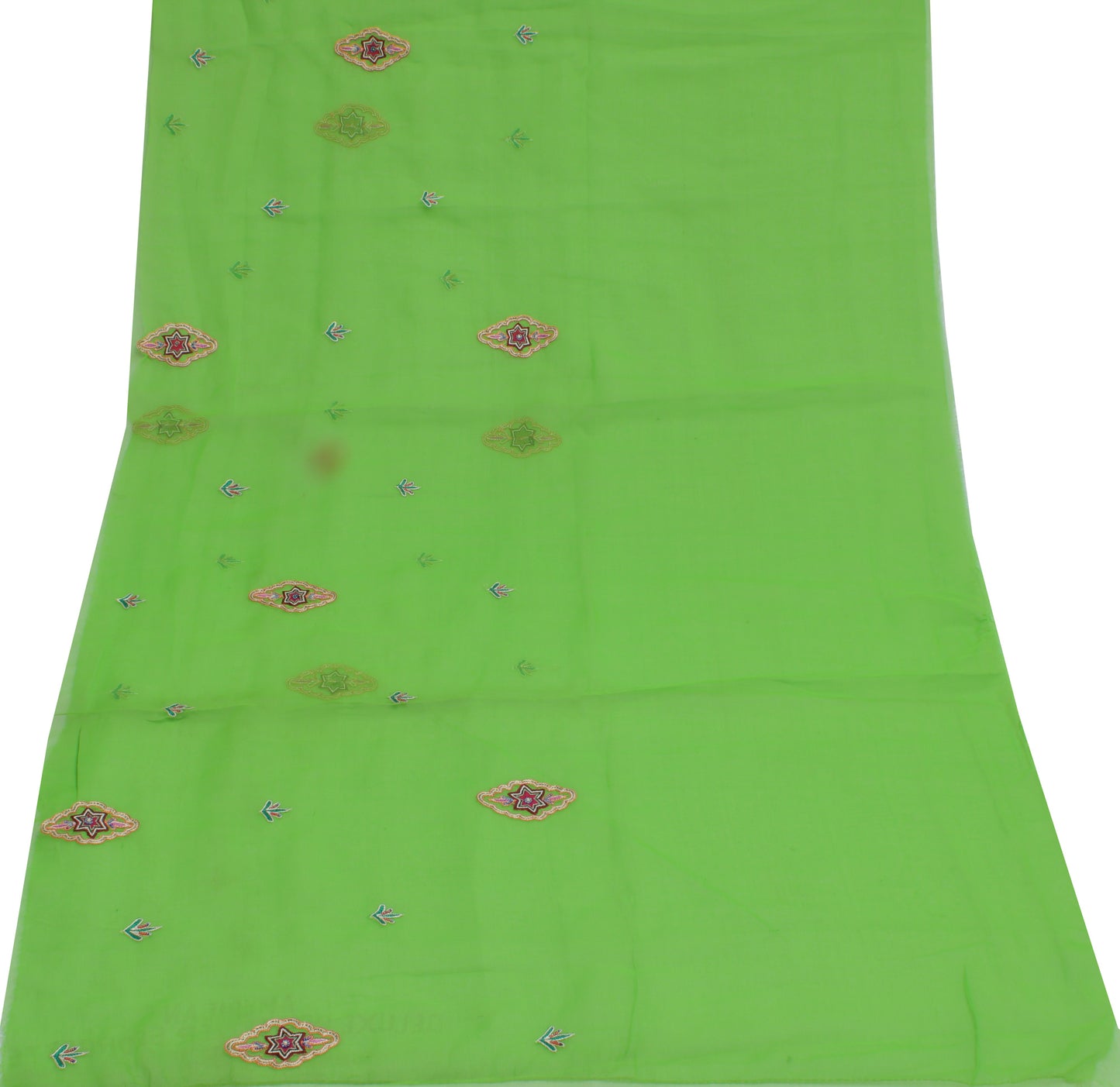 Sushila Vintage Green Sari Remnant Scrap Blend Georgette Embroidered Fabric