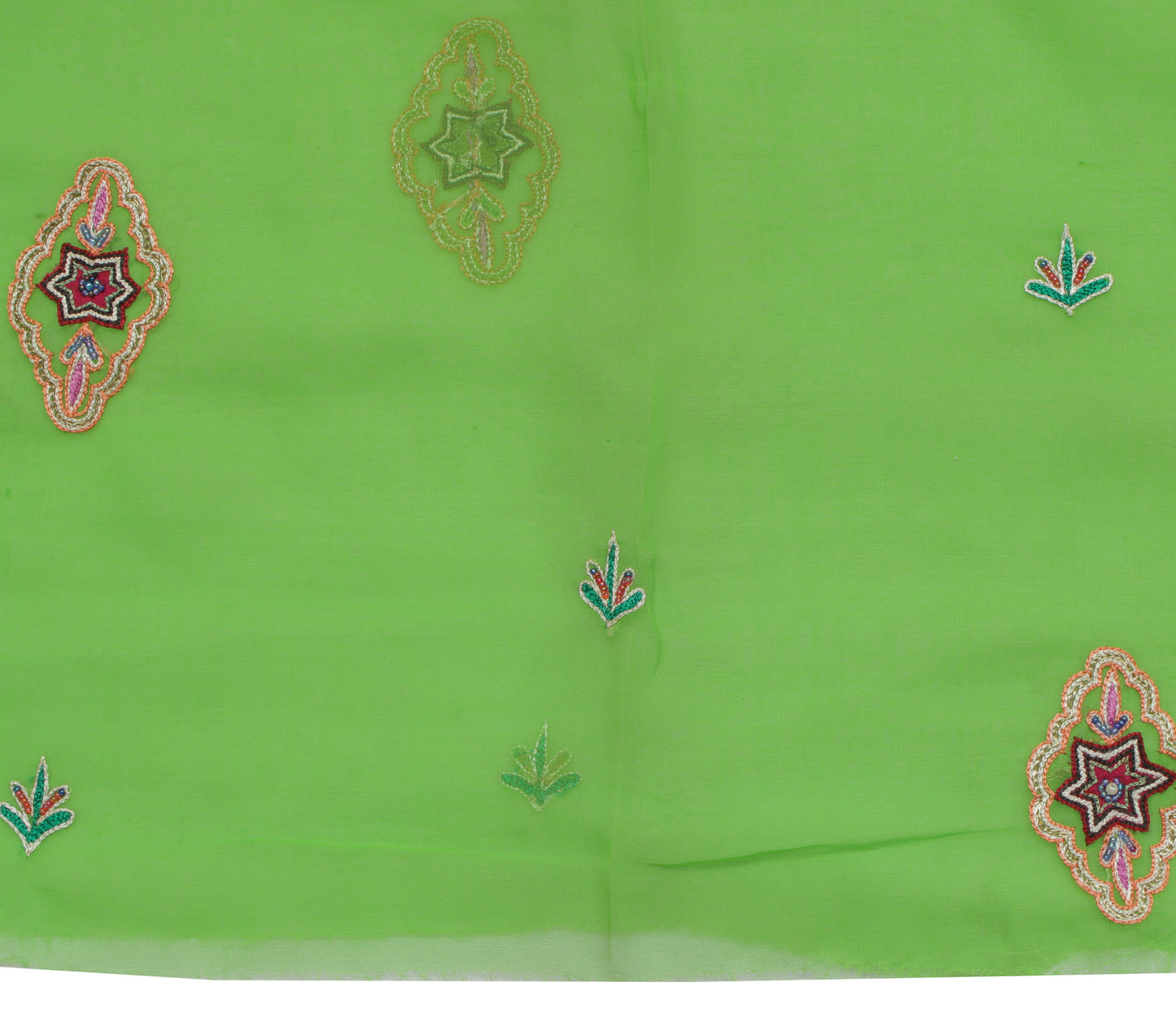 Sushila Vintage Green Sari Remnant Scrap Blend Georgette Embroidered Fabric