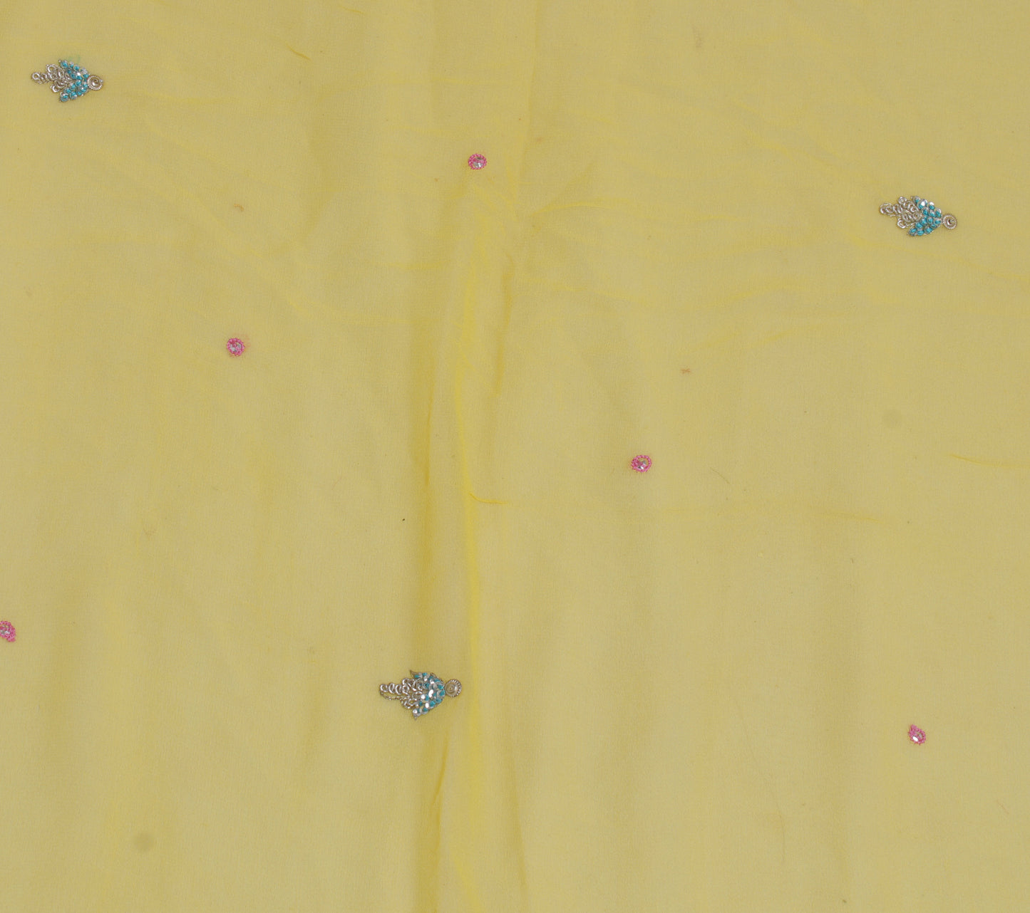 Sushila Vintage Yellow Sari Remnant Scrap Pure Georgette Silk Embroidered Fabric