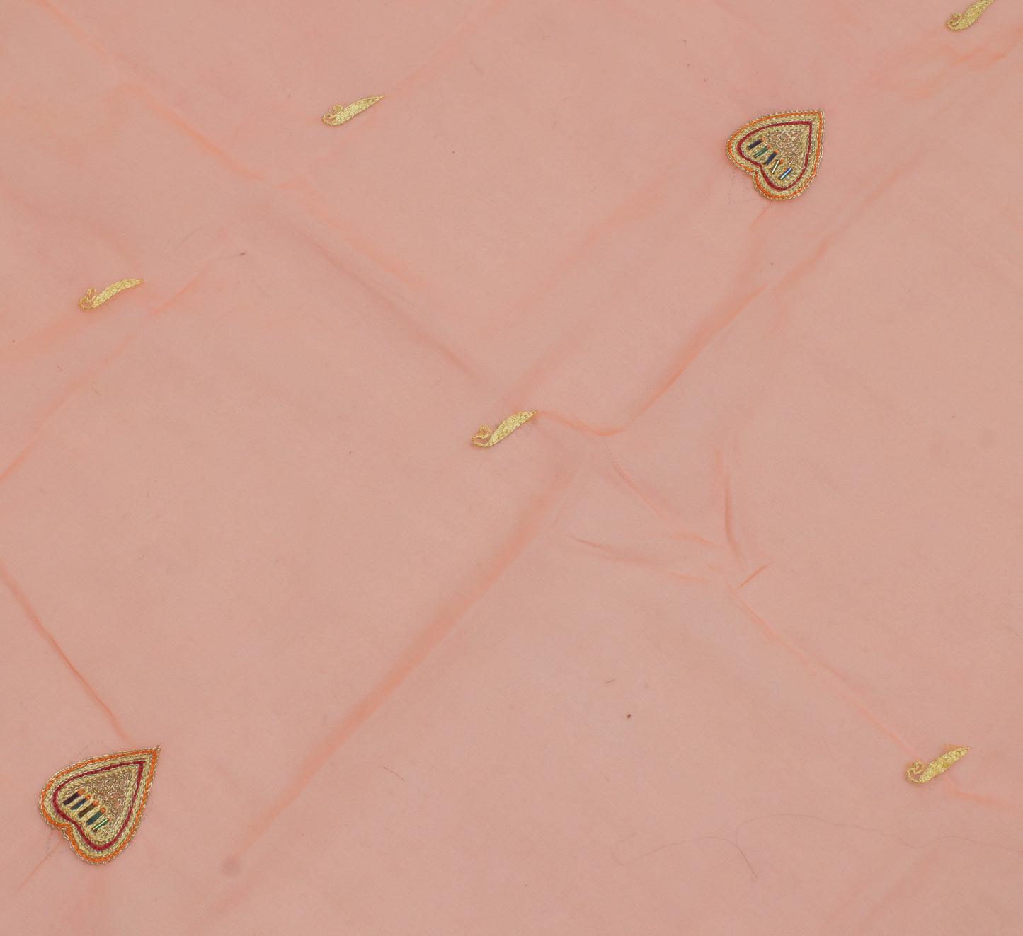 Sushila Vintage Peach Sari Remnant Scrap Blend Georgette Embroidered Fabric