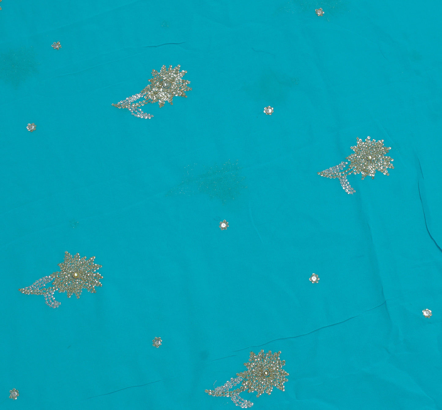 Sushila Vintage Blue Sari Remnant Scrap Pure Georgette Embroidered Craft Fabric