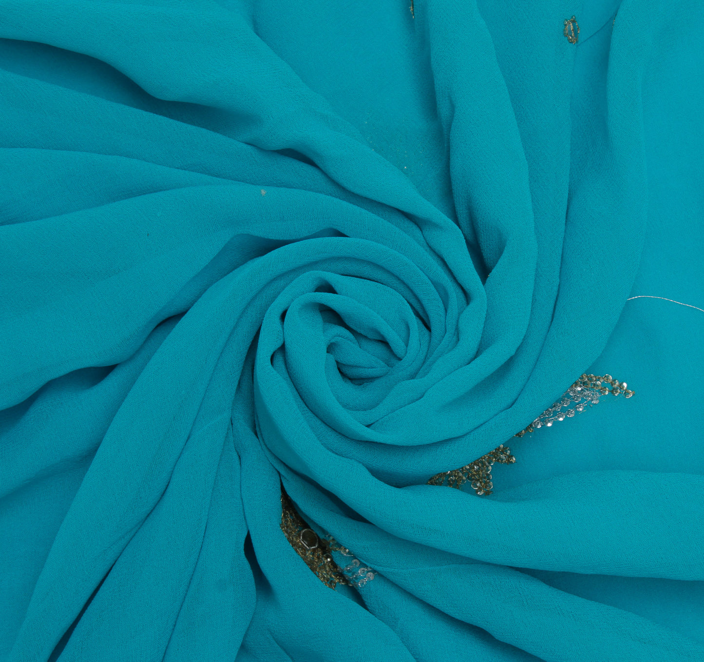 Sushila Vintage Blue Sari Remnant Scrap Pure Georgette Embroidered Craft Fabric