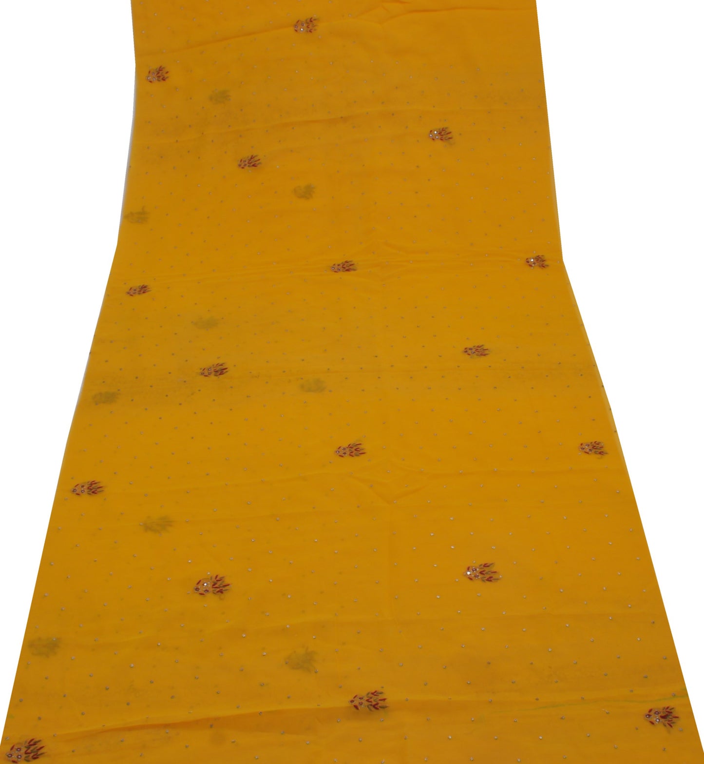 Sushila Vintage Mustard Sari Remnant Scrap Blend Georgette Embroidered Fabric