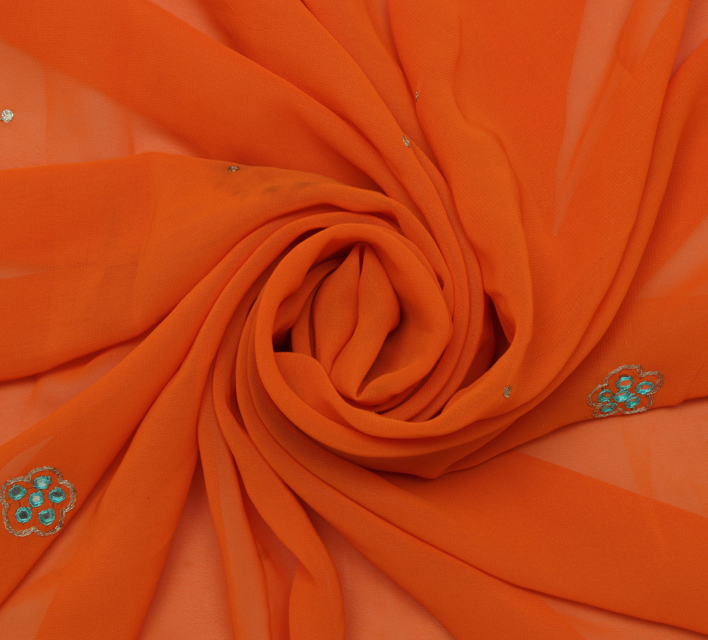 Sushila Vintage Orange Sari Remnant Scrap Blend Georgette Embroidered Fabric