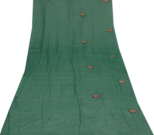 Sushila Vintage Green Sari Remnant Scrap Pure Georgette Embroidered Craft Fabric