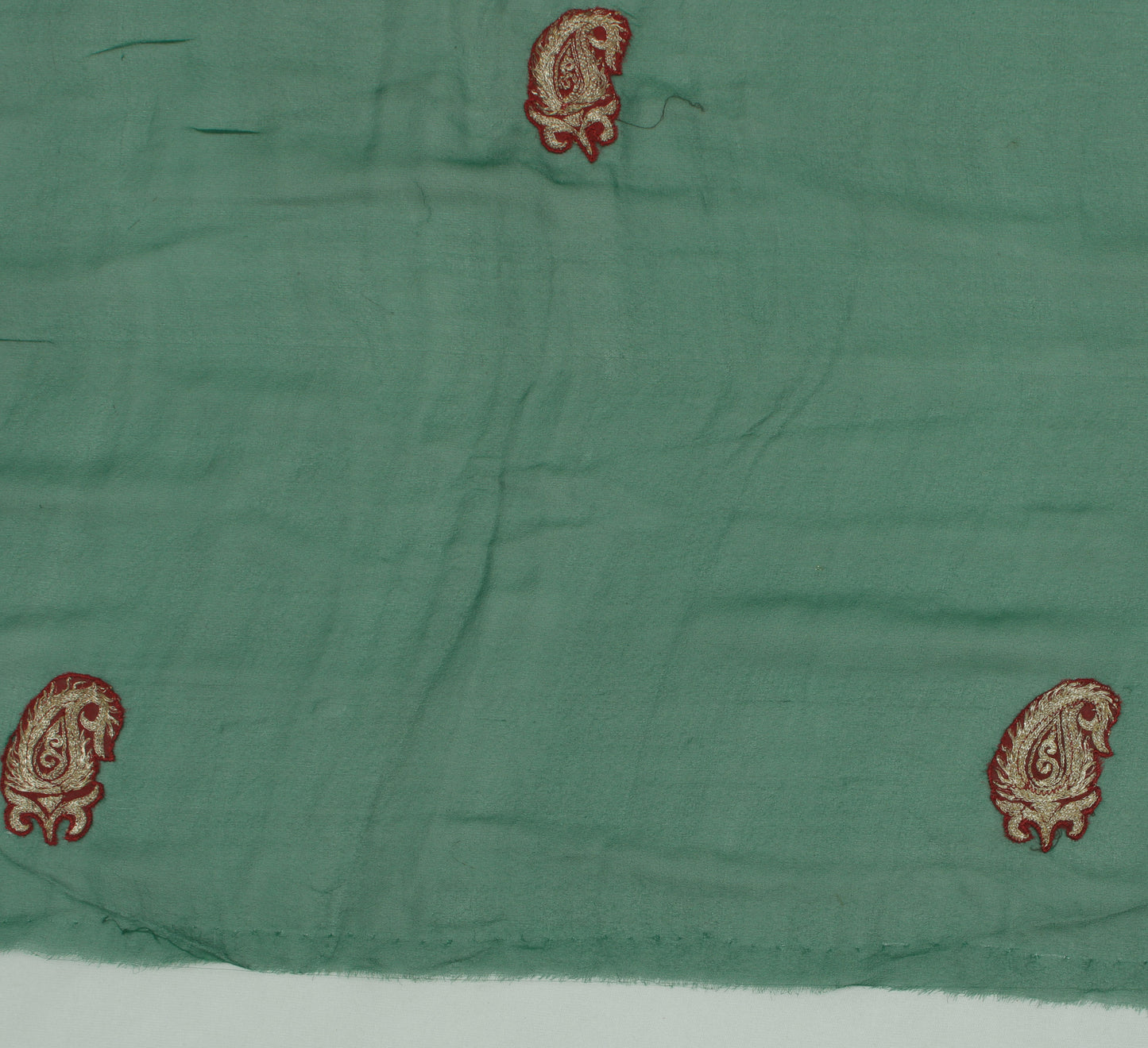 Sushila Vintage Green Sari Remnant Scrap Pure Georgette Embroidered Craft Fabric