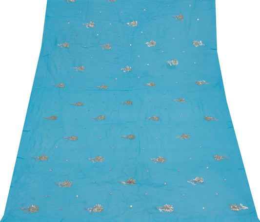 Sushila Vintage Blue Sari Remnant Scrap Pure Georgette Embroidered Craft Fabric