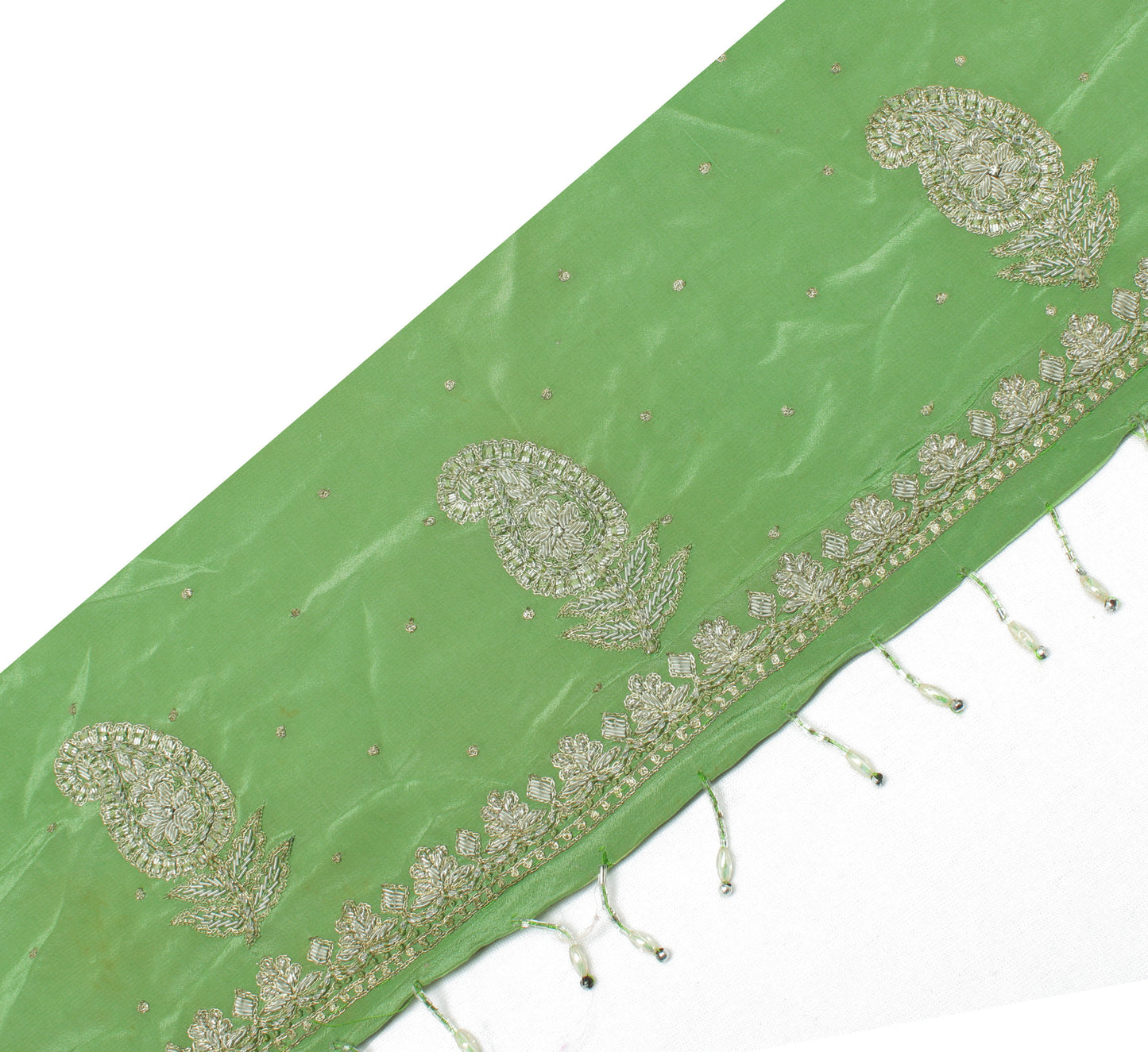 Sushila Vintage Green Saree Border Indian Craft Sewing Trim Hand Beaded Lace