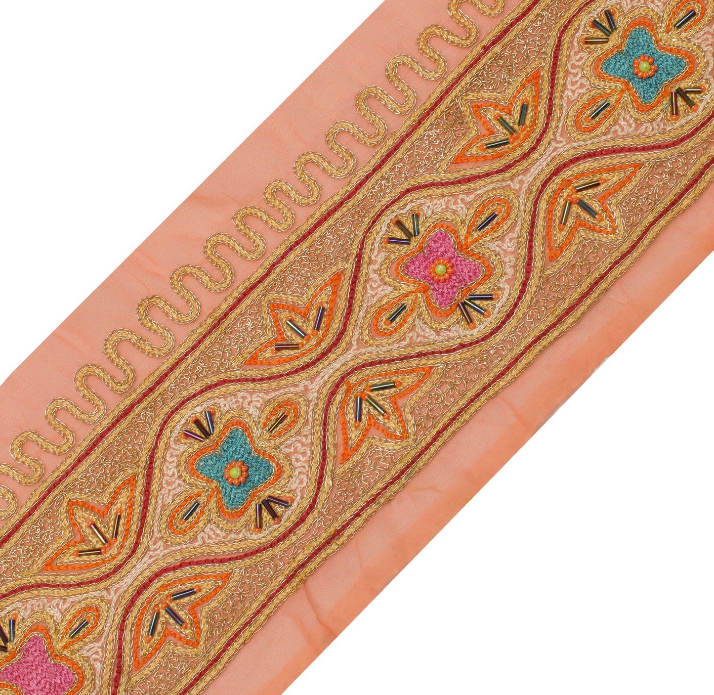 Sushila Vintage Peach Sari Border Indian Craft Sewing Trim Embroidered Ribbon