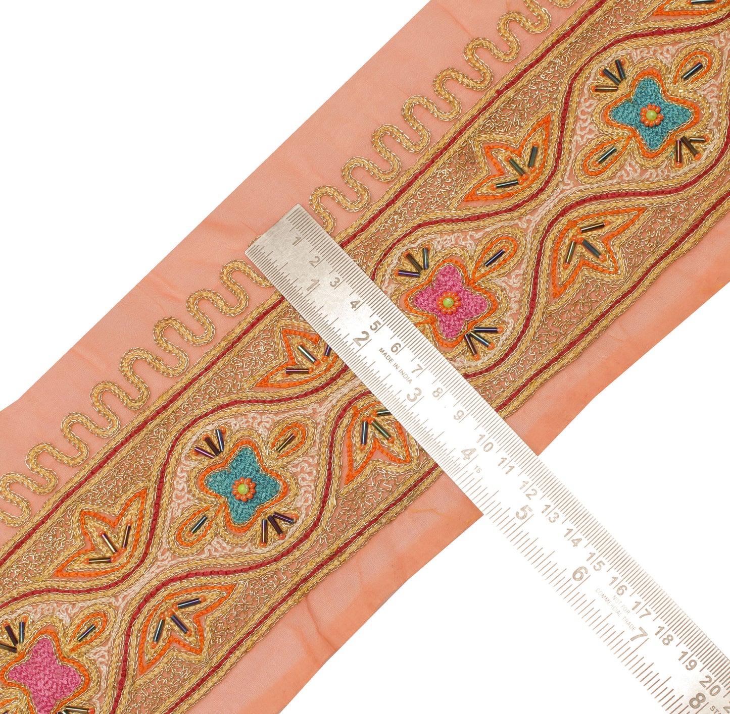 Sushila Vintage Peach Sari Border Indian Craft Sewing Trim Embroidered Ribbon