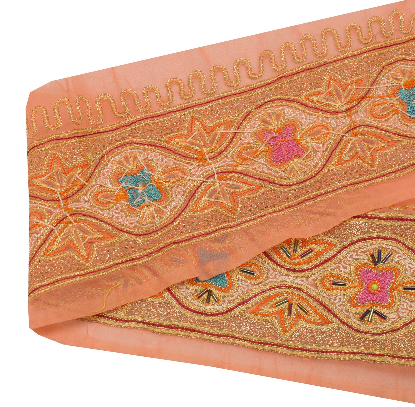 Sushila Vintage Peach Sari Border Indian Craft Sewing Trim Embroidered Ribbon