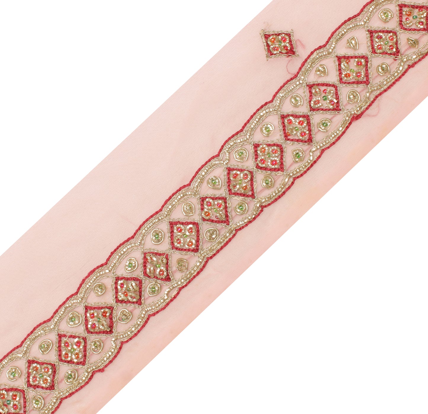 Sushila Vintage Pink Saree Border Indian Craft Sewing Trim Hand Beaded Ribbon