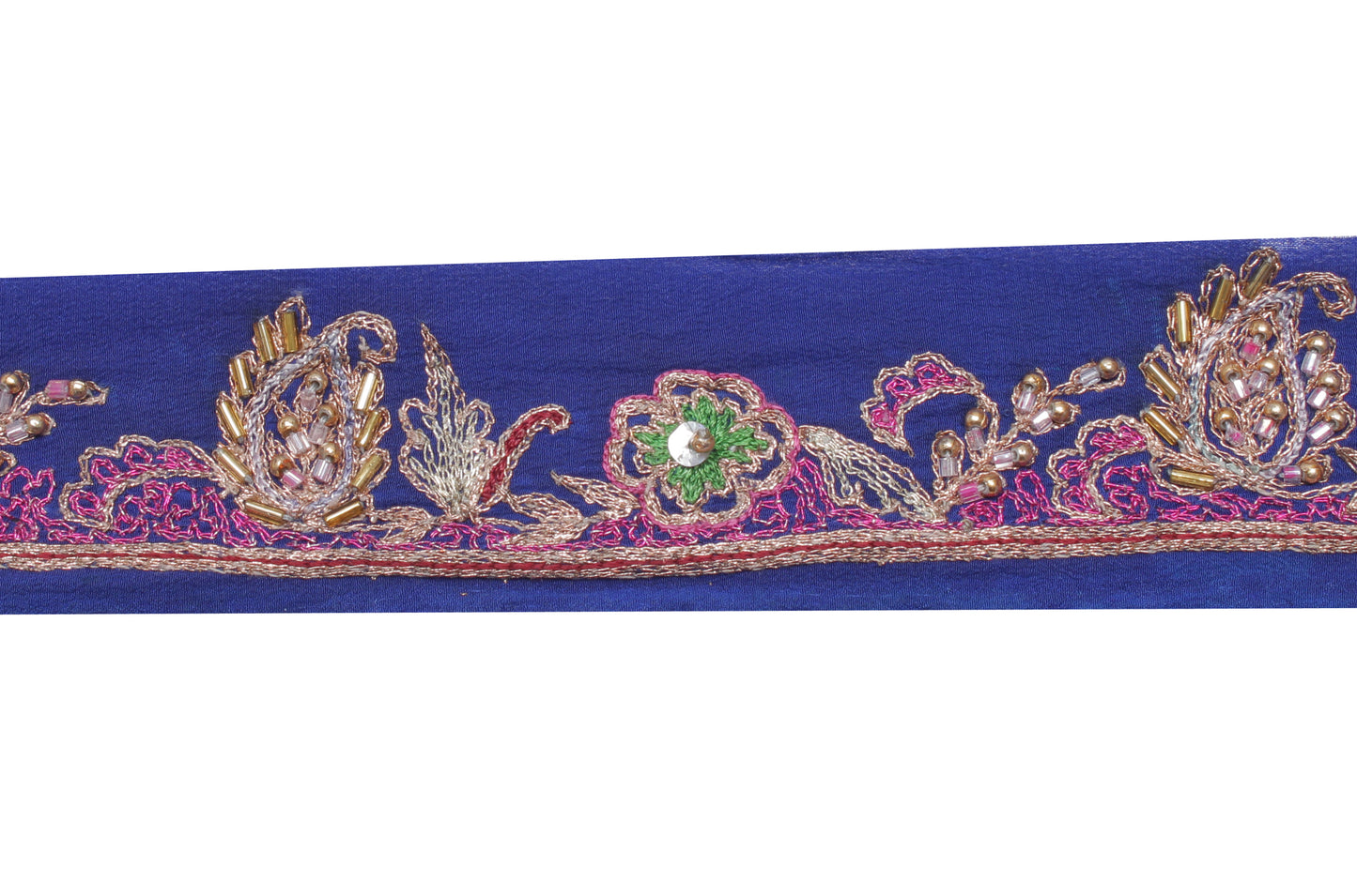 Sushila Vintage Blue Saree Border Indian Craft Sewing Trim Hand Beaded Ribbon