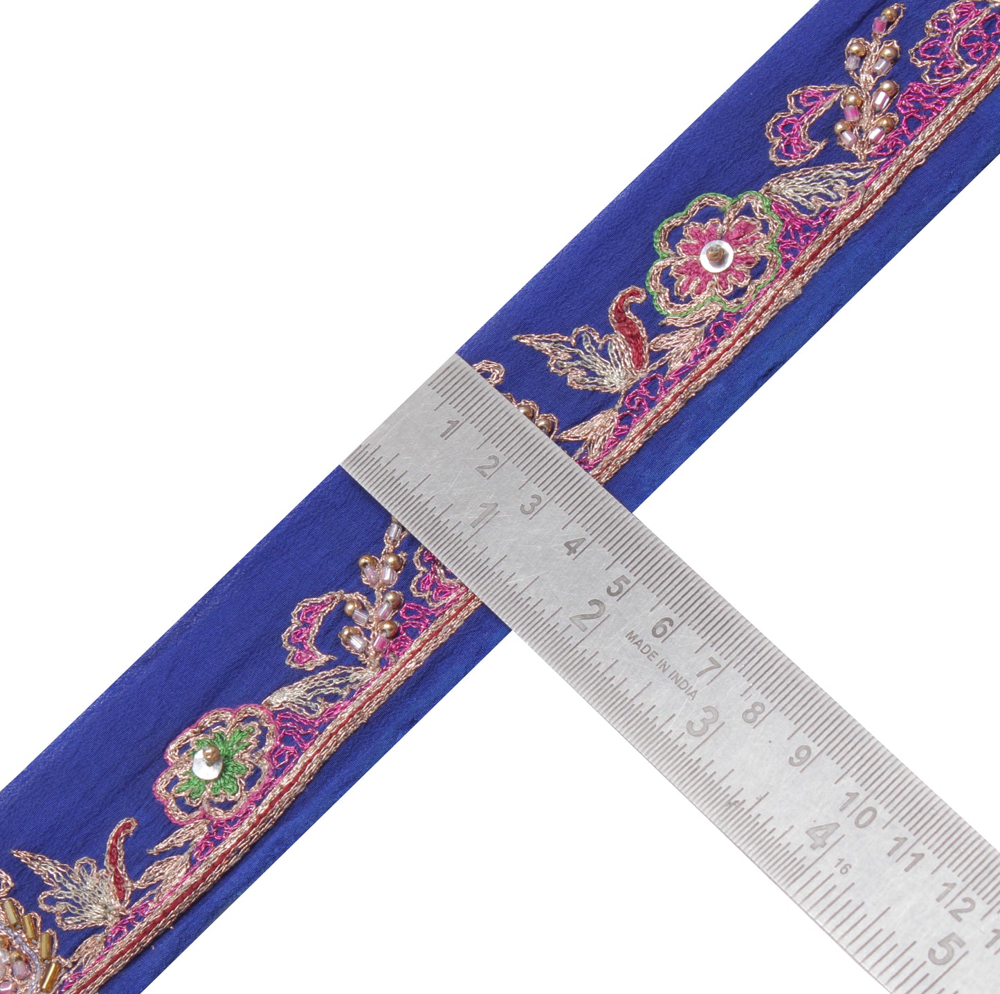 Sushila Vintage Blue Saree Border Indian Craft Sewing Trim Hand Beaded Ribbon