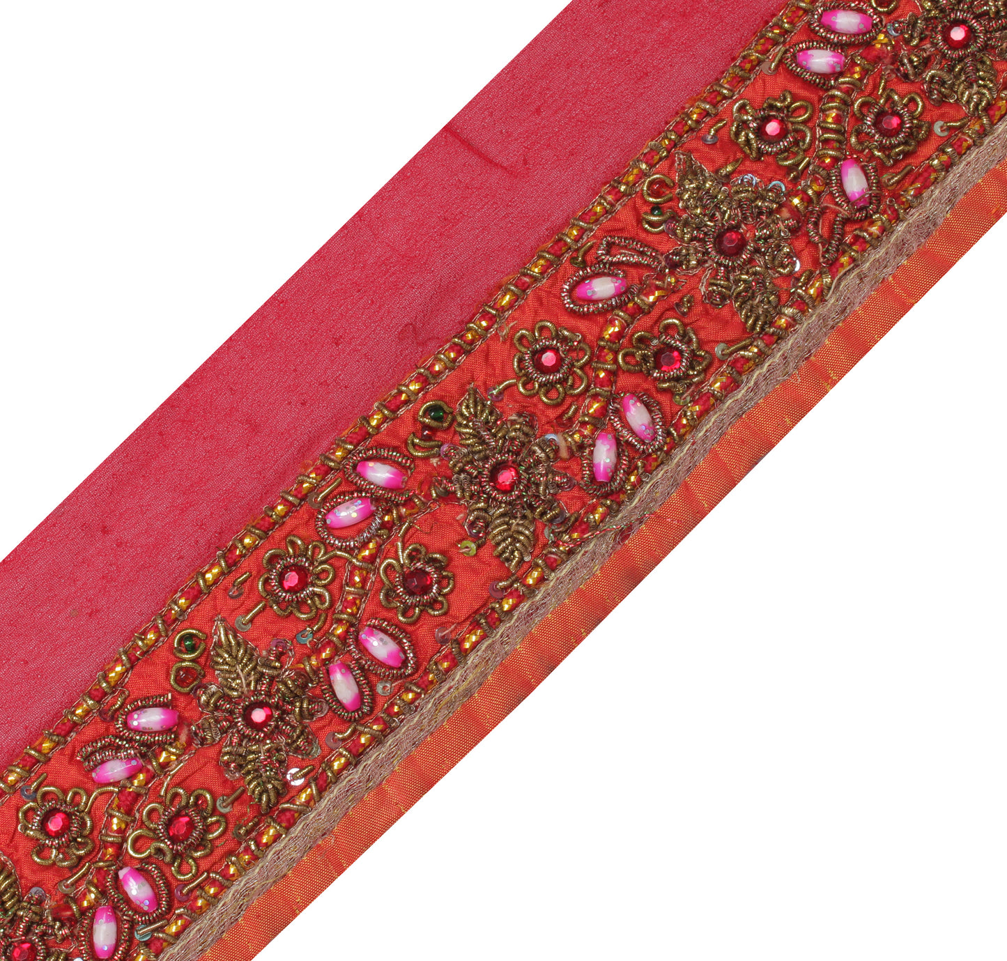 Sushila Vintage Red Saree Border Indian Craft Sewing Trim Hand Beaded Lace