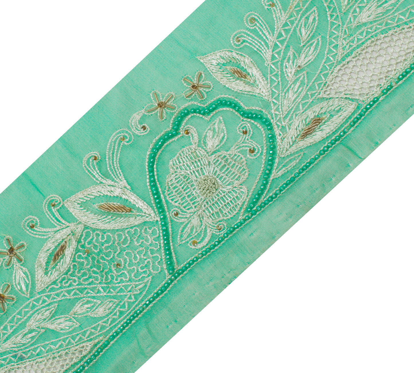 Sushila Vintage Green Saree Border Indian Craft Sewing Trim Embroidered Lace