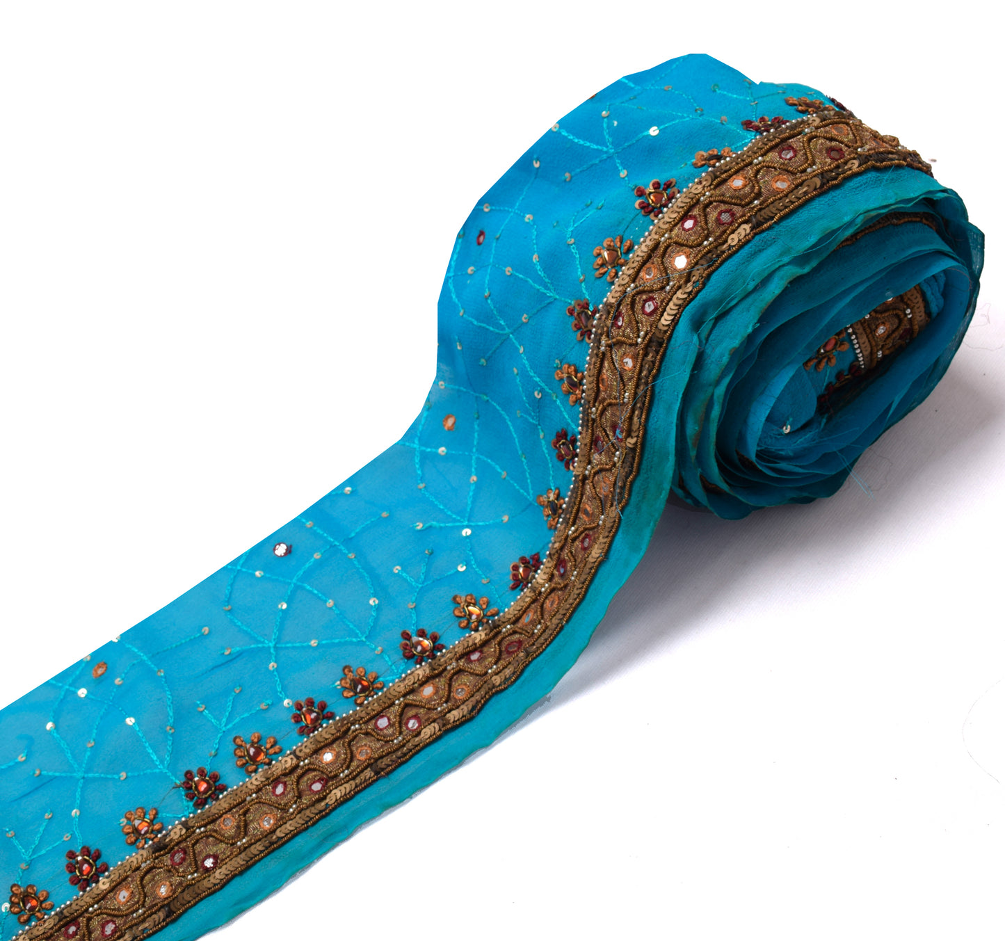 Sushila Vintage Blue Saree Border Indian Craft Sewing Trim Hand Beaded Ribbon