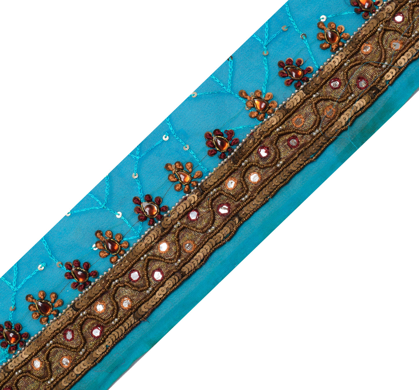 Sushila Vintage Blue Saree Border Indian Craft Sewing Trim Hand Beaded Ribbon