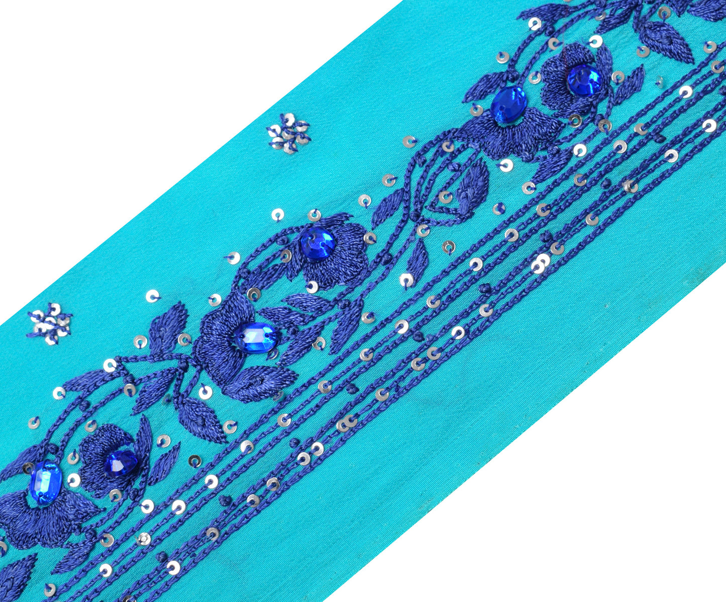 Sushila Vintage Blue Saree Border Indian Craft Sewing Trim Hand Beaded Lace