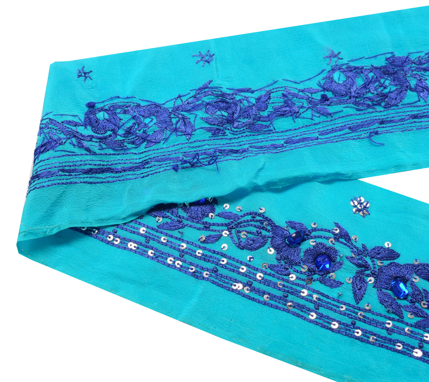 Sushila Vintage Blue Saree Border Indian Craft Sewing Trim Hand Beaded Lace