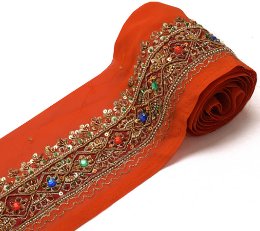 Sushila Vintage Orange Saree Border Indian Craft Sewing Trim Hand Beaded Ribbon