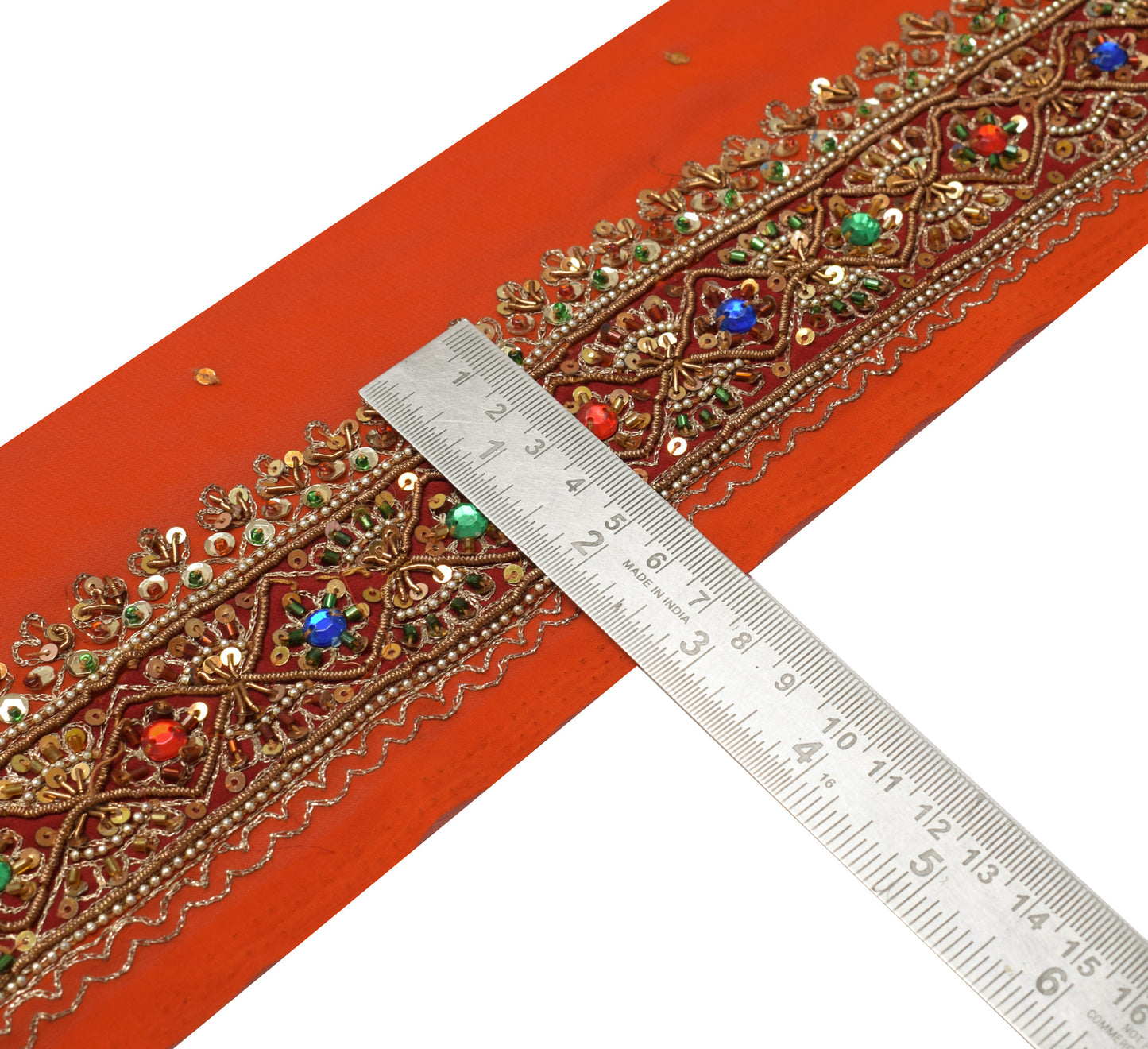 Sushila Vintage Orange Saree Border Indian Craft Sewing Trim Hand Beaded Ribbon