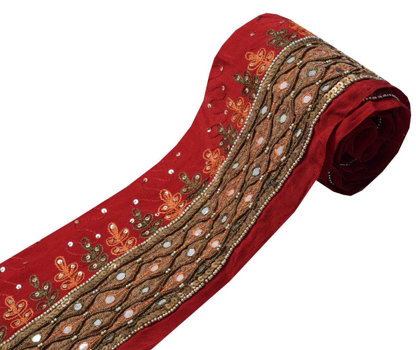 Sushila Vintage Red Saree Border Indian Craft Sewing Trim Hand Beaded Ribbon