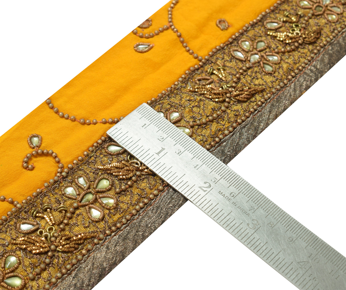 Sushila Vintage Yellow Saree Border Indian Craft Sewing Trim Hand Beaded Ribbon