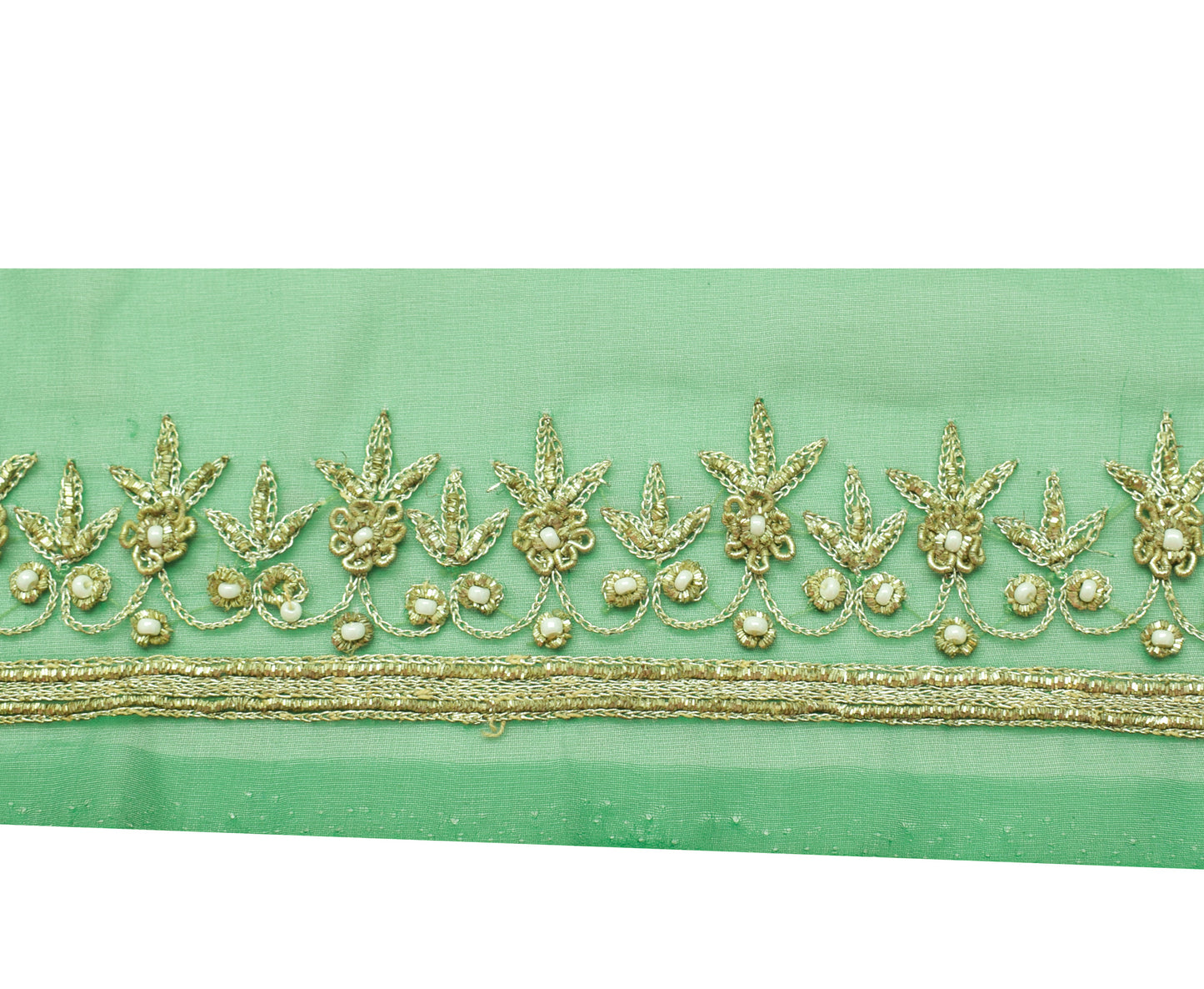 Sushila Vintage Green Georgette Saree Border Craft Sewing Trim Hand Beaded Lace